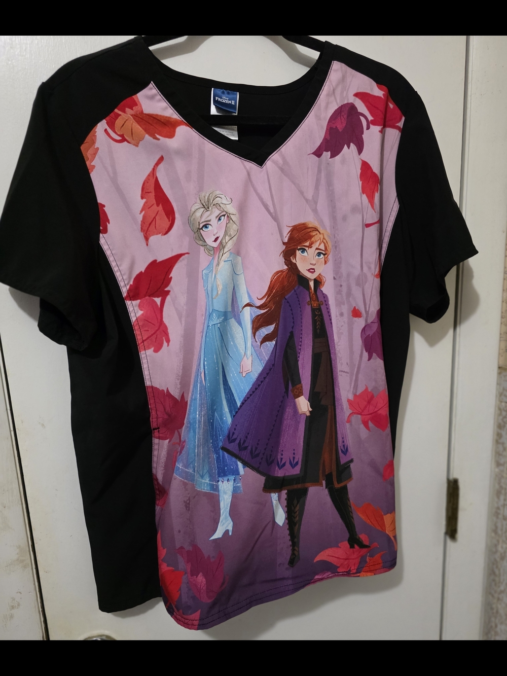 Disney Frozen Scrub Top with Anna & Elsa - Pink & Black